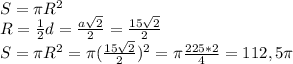 S= \pi R^2 \\ 
R= \frac{1}{2}d= \frac{a \sqrt{2} }{2} = \frac{15 \sqrt{2} }{2} \\ 
S= \pi R^2= \pi (\frac{15 \sqrt{2} }{2})^2= \pi \frac{225*2}{4} =112,5 \pi