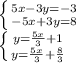 \left \{ {{5x-3y=-3} \atop {-5x+3y=8}} \right. 
\\\
 \left \{ {{y= \frac{5x}{3}+1 } \atop {y= \frac{5x}{3}+ \frac{8}{3} }} \right.