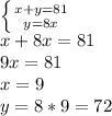 \left \{ {{x+y=81} \atop {y=8x}} \right. \\
x+8x=81\\
9x=81\\
x=9\\
y=8*9=72