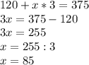 120+x*3=375 \\ 3x=375-120
 \\ 3x=255 \\ x=255:3 \\x=85

