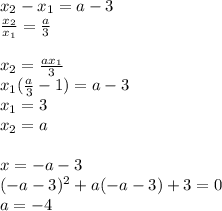 x_{2}-x_{1}=a-3\\
\frac{x_{2}}{x_{1}}=\frac{a}{3}\\\\
x_{2}=\frac{ax_{1}}{3}\\ 
x_{1}(\frac{a}{3}-1)=a-3\\ 
x_{1}=3\\
x_{2}=a\\\\
x=-a-3\\
(-a-3)^2+a(-a-3)+3=0\\
a=-4\\