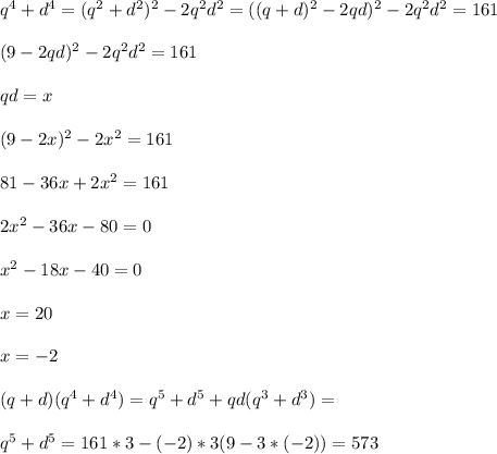 q^4+d^4=(q^2+d^2)^2-2q^2d^2=((q+d)^2-2qd)^2-2q^2d^2=161\\\\ 
(9-2qd)^2-2q^2d^2=161\\\\
qd=x\\\\
(9-2x)^2-2x^2=161\\\\ 
81-36x+2x^2=161\\\\
2x^2-36x-80=0\\\\
x^2-18x-40=0\\\\
x=20\\\\
x=-2\\\\
(q+d)(q^4+d^4)=q^5+d^5+qd(q^3+d^3)=\\\\
q^5+d^5=161*3-(-2)*3(9-3*(-2))=573 
