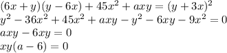 (6x+y)(y-6x)+45x^2+axy=(y+3x)^2\\
y^2-36x^2+45x^2+axy-y^2-6xy-9x^2=0\\ axy-6xy=0\\
xy(a-6)=0