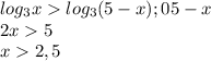 log_{3}xlog_{3}(5-x);05-x \\ 
2x5 \\ 
x2,5 \\ 
