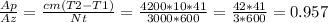 \frac{Ap}{Az} = \frac{cm(T2-T1)}{Nt} = \frac{4200*10*41}{3000*600} = \frac{42*41}{3*600} =0.957


