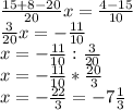 \frac{15+8-20}{20}x = \frac{4-15}{10}\\
\frac{3}{20}x = -\frac{11}{10}\\
x= -\frac{11}{10} : \frac{3}{20}\\
x= -\frac{11}{10} * \frac{20}{3}\\
x= -\frac{22}{3} = -7\frac{1}{3}