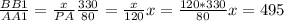 \frac{BB1}{AA1} = \frac{x}{PA} 
 \frac{330}{80} = \frac{x}{120} 
x= \frac{120*330}{80} 
x=495