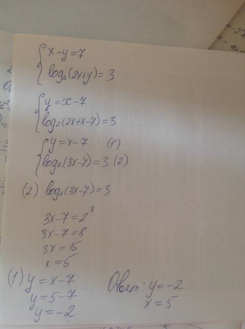Решите систему уравнений x-y=7 log по основанию2 (2x+y)=3