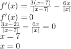f'(x)=\frac{3(x-7)}{|x-7|}-\frac{6x}{|x|}\\
f'(x)=0\\
\frac{ 3x-21 }{|x-7|}-\frac{6x}{|x|}=0\\
 x=7\\
x=0\\\\

