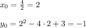 x_0= \frac{4}{2}=2\\\\
y_0=2^2-4\cdot2+3=-1