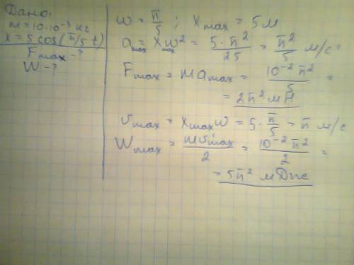 Уравнение колебаний материальной точки массой 10 г. имеет вид x=5cos(/5 * t). определить максимальну