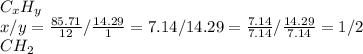 C _{x} H _{y} \\ x/y= \frac{85.71}{12} / \frac{14.29}{1} =7.14/14.29= \frac{7.14}{7.14} / \frac{14.29}{7.14} =1/2 \\ CH _{2} 
