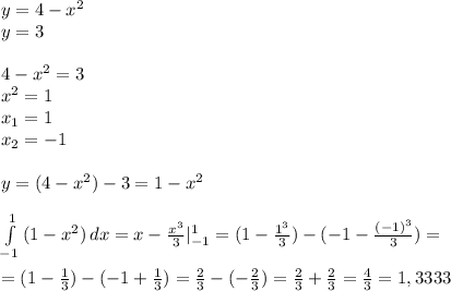 y=4-x^2 \\ y=3 \\ \\ 4-x^2=3 \\ x^2=1 \\ x_1=1 \\ x_2=-1 \\ \\ y=(4-x^2)-3=1-x^2 \\ \\ \int\limits^1_{-1} {(1-x^2)} \, dx =x- \frac{x^3}{3} |^1_{-1} =(1- \frac{1^3}{3})-(-1- \frac{(-1)^3}{3})= \\ \\ 
=(1- \frac{1}{3})-(-1+ \frac{1}{3})= \frac{2}{3} -( -\frac{2}{3} )=\frac{2}{3} +\frac{2}{3}= \frac{4}{3} =1,3333