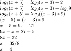 log_3(x+5)=log_3(x-3)+2\\log_3(x+5)=log_3(x-3)+log_39\\log_3(x+5)=log_3((x-3)*9)\\
(x+5)=(x-3)*9\\x+5=9x-27\\9x-x=27+5\\8x=32\\x=32/8\\x=4
