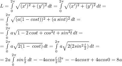 L= \int\limits^{2 \pi} _0 { \sqrt{(x')^2+(y')^2} } \, dt= \int\limits^{2 \pi} _0 { \sqrt{(x')^2+(y')^2} } \, dt= \\ 
= \int\limits^{2 \pi} _0 { \sqrt{(a(1-cost))^2+(a \,sint)^2} } \, dt= \\ 
=\int\limits^{2 \pi} _0 {a \sqrt{1-2\,cost+cos^2t+sin^2t} } \, dt= \\ 
=\int\limits^{2 \pi} _0 {a \sqrt{2(1-\,cost)} } \, dt =\int\limits^{2 \pi} _0 {a \sqrt{2(2sin^2 \frac{t}{2} )} } \, dt= \\ 
 =2a\int\limits^{2 \pi} _0 {sin \frac{t}{2}} } \, dt=-4acos\frac{t}{2}}|_0^{2 \pi }=-4acos \pi +4acos0=8a