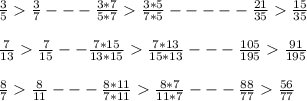 \frac{3}{5} \frac{3}{7}--- \frac{3*7}{5*7} \frac{3*5}{7*5}----- \frac{21}{35} \frac{15}{35} \\ \\ 
\frac{7}{13} \frac{7}{15}-- \frac{7*15}{13*15} \frac{7*13}{15*13}--- \frac{105}{195} \frac{91}{195} \\ \\ 
\frac{8}{7} \frac{8}{11}---\frac{8*11}{7*11} \frac{8*7}{11*7}--- \frac{88}{77} \frac{56}{77}