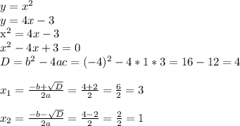 y=x^2 \\ y=4x-3

x^2=4x-3 \\ x^2-4x+3=0 \\ D=b^2-4ac=(-4)^2-4*1*3=16-12=4 \\ \\ x_{1} = \frac{-b+ \sqrt{D} }{2a} = \frac{4+2}{2} = \frac{6}{2} =3 \\ \\ x_{2} = \frac{-b- \sqrt{D} }{2a} = \frac{4-2}{2} = \frac{2}{2} =1 \\ \\