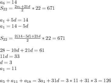a_{6}=14\\
S_{22}=\frac{2a_{1}+21d}{2}*22=671\\\\
a_{1}+5d=14 \\
a_{1}=14-5d\\\\
 S_{22}=\frac{2(14-5d)+21d}{2}*22=671\\\\
28-10d+21d=61\\ 
 11d=33\\
 d=3\\
 a_{1}=11\\\\
a_{5}+a_{11}+a_{18} = 3a_{1}+31d=3*11+31*3=126