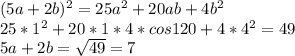 (5a+2b)^2=25a^2+20ab+4b^2\\
25*1^2+20*1*4*cos120+4*4^2=49\\
5a+2b=\sqrt{49} =7