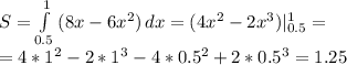 S= \int\limits^1_{0.5} {(8x-6x^2)} \, dx =(4x^2-2x^3)|_{0.5}^1= \\ 
=4*1^2-2*1^3-4*0.5^2+2*0.5^3=1.25