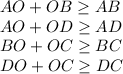 AO+OB \geq AB\\
AO+OD \geq AD \\
BO+OC \geq BC\\
 DO+OC \geq DC