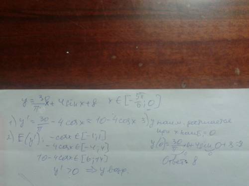Найдите наименьшее значение функции y=30/π∙x+4sinx+8 на отрезке [-5π/6; 0].