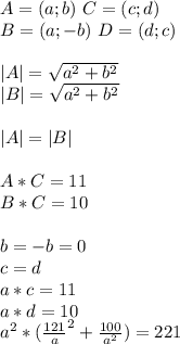 A=(a;b) \ C=(c;d)\\ B=(a;-b) \ D=(d;c) \\\\\ |A|=\sqrt{a^2+b^2}\\|B|=\sqrt{a^2+b^2}\\\\ |A|=|B|\\\\ A*C=11\\ B*C=10\\\\ 
b=-b=0\\ 
c=d\\
 a*c=11\\
 a*d=10\\
 a^2*(\frac{121}{a}^2+\frac{100}{a^2}) = 221 

