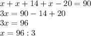x + x + 14 + x - 20 = 90 \\ 3x = 90 - 14 + 20 \\ 
3x = 96 \\ 
x = 96 : 3
