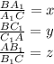 \frac{BA_{1}}{A_{1}C}=x \\ 
 \frac{BC_{1}}{C_{1}A}=y \\ 
 \frac{AB_{1}}{B_{1}C}=z \\
 
