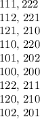 111, 222

112, 221

121, 210

110, 220

101, 202

100, 200

122, 211

120, 210

102, 201