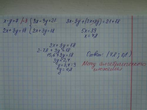 Решить систему уравнений сложения х-у= 7 2х+3у =18