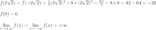 
f(2\sqrt{2}) = f(-2\sqrt{2}) = \frac{1}{2}(2\sqrt{2})^4 - 8*(2\sqrt{2})^2 = \frac{64}{2} - 8*8 = 32 - 64 = -32\\\\ f(0) = 0\\\\ \lim\limits_{x \to +\infty}f(x) =\lim\limits_{x \to -\infty}f(x) = +\infty