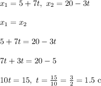 x_1 = 5 + 7t, \ x_2 = 20 - 3t\\\\
x_1 = x_2\\\\ 5 + 7t = 20 - 3t\\\\
7t + 3t = 20 - 5\\\\
10t = 15, \ t = \frac{15}{10} = \frac{3}{2} = 1.5 \ \text{c}