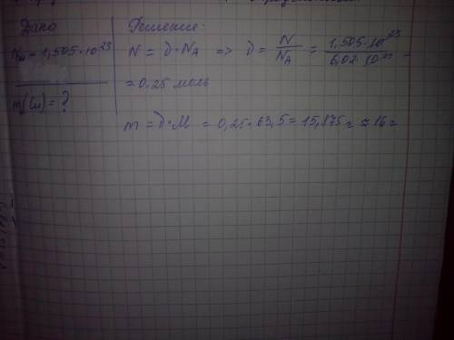Вычислить массу 1,505*10^23 атомов меди