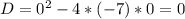 D= 0^{2} -4*(-7)*0=0