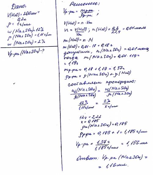Св стакан налили 200 мл воды,плотность воды равна 1 г/мл. определите объём раствора сульфата натрия,