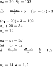 a_6=20, S_6=102\\\\S_6= \frac{a_1+a_6}{2}*6=(a_1+a_6)*3\\\\ (a_1+20)*3=102\\a_1+20=34\\a_1=14\\\\a_6=a_1+5d\\5d=a_6-a_1\\d= \frac{a_6-a_1}{5}= \frac{20-14}{5}= \frac{6}{5}=1,2\\\\

a_1=14 , d=1,2