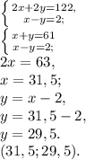 \left \{ {{2x+2y =122,} \atop {x-y =2;}} \right. \\ 
\left \{ {{x+y =61} \atop {x-y =2;}} \right. \\ 
2x=63, \\
x=31,5; \\
y=x-2, \\
y=31,5-2, \\
y=29,5. \\
(31,5; 29,5).