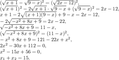 ( \sqrt{x+1}- \sqrt{9-x} )^2 = (\sqrt{2x-12})^2, \\ 
(\sqrt{x+1})^2- 2\sqrt{x+1}\cdot\sqrt{9-x}+(\sqrt{9-x})^2 = 2x-12, \\
x+1 - 2\sqrt{(x+1)(9-x)}+9-x = 2x-12, \\
- 2\sqrt{-x^2+8x+9} = 2x-22, \\
\sqrt{-x^2+8x+9} = 11-x, \\ 
(\sqrt{-x^2+8x+9})^2 = (11-x)^2, \\ 
-x^2+8x+9 = 121-22x+x^2, \\ 
2x^2-30x+112=0 , \\ 
x^2-15x+56=0, \\ 
x_1+x_2=15.