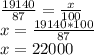 \frac{19140}{87} = \frac{x}{100} \\ 
x= \frac{19140*100}{87} \\ x= 22000