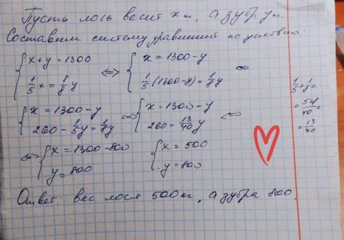 Вага лося і зубра разом становить1300кг знайти вагу кожної тварі якщо одна п'ята ваги лося дорівнює