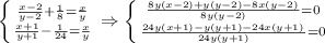 \left \{ {{\frac{x-2}{y-2}+ \frac{1}{8}= \frac{x}{y}} \atop
 {\frac{x+1}{y+1}- \frac{1}{24}= \frac{x}{y} }} \right. \Rightarrow 
\left \{ {{\frac{8y(x-2)+y(y-2)-8x(y-2)}{8y(y-2)}=0} \atop 
{\frac{24y(x+1)-y(y+1)-24x(y+1)}{24y(y+1)}=0}} \right.
