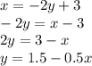 x=-2y+3
\\\
-2y=x-3
\\\
2y=3-x
\\\
y=1.5-0.5x