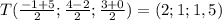 T( \frac{-1+5}{2} ; \frac{4-2}{2} ; \frac{3+0}{2} )=(2;1;1,5) \\ 
