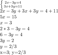 \dispaystyle \left \{ {{2x-3y=4} \atop {3x+3y=11}} \right.\\2x-3y+3x+3y=4+11\\5x=15\\x=3\\2*3-3y=4\\6-3y=4\\3y=2\\y=2/3

x=3; y=2/3