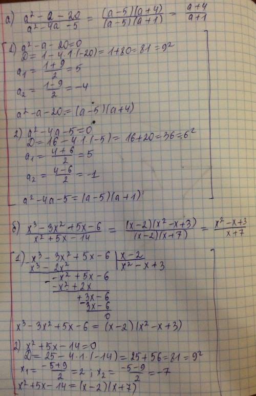 Сократите дроби: a) a^2-a-20/a^2-4a-5 b) x^3-3x^2+5x-6/x^2+5x-14