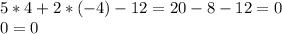 5*4+2*(-4)-12=20-8-12=0\\
0=0