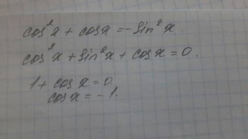 Решите уравнение cos^2x+cosx=-sin^2x