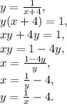 y=\frac{1}{x+4}, \\ 
y(x+4)=1, \\ 
xy+4y=1, \\ 
xy=1-4y, \\ 
x=\frac{1-4y}{y}, \\ 
x=\frac{1}{y}-4, \\ 
y=\frac{1}{x}-4.