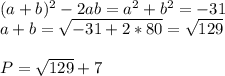 (a+b)^2-2ab=a^2+b^2=-31\\
 a+b= \sqrt{-31+2*80} = \sqrt{129}\\
\\
P=\sqrt{129}+7